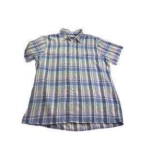 Izod Mens Short Sleeve Plaid Button Front Shirt Size L Linen Blend New
